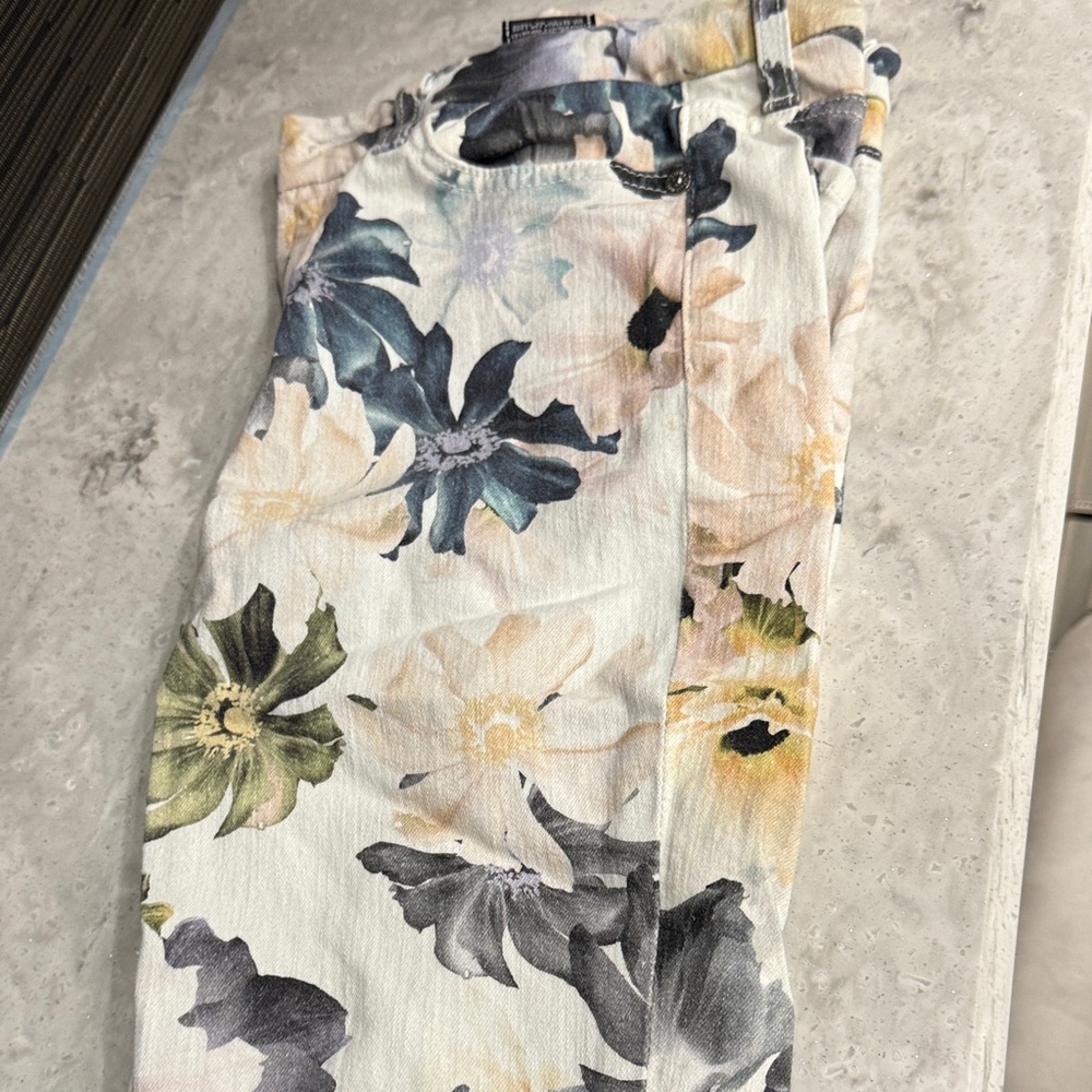 7 For All Mankind Floral Print Pants - Black and White Green Pink